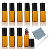 ELFENSTALL 10pcs 5ml(1/6oz) Roll on Glass Bottle for Essential Oil - Empty Aromatherapy Perfume Bottles - Refillable Slim with Metal Ball and Black Lid Amber + FREE Dropper