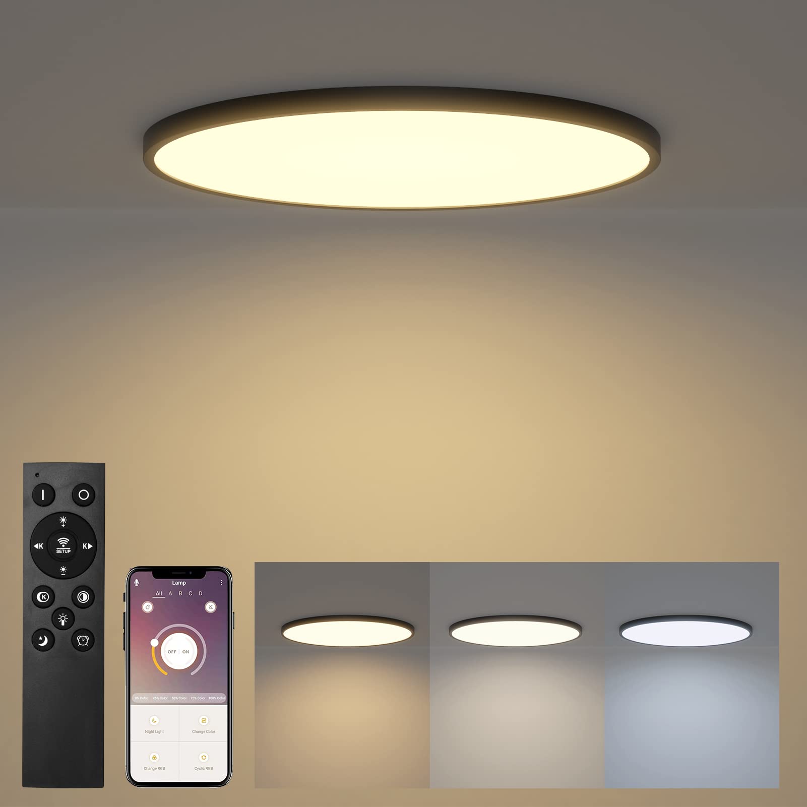Klighten Dimmable LED Ceiling Lamps 48W 4320 Lumen with Remote Control, Round Ceiling Light with App Control, Modern Flush Ceiling Lighting for Bedrooms Kitchen, Ø50cm×H2cm, 2700K-6000K, Black