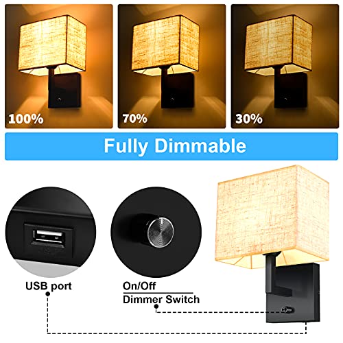 Wall Lamp with Dimmer Switch and USB Port, Wall Lamp with Plug in Cord