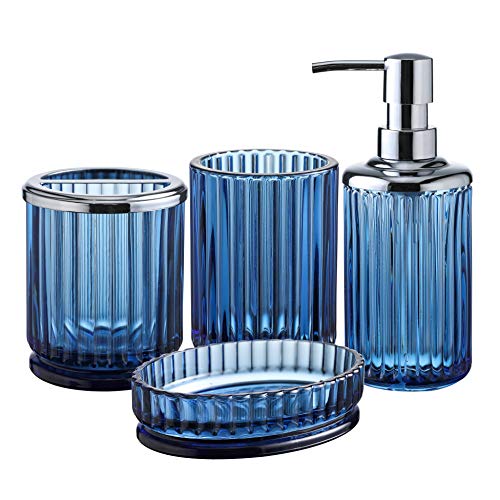 Badezimmer-Zubehör-Set aus schwerem blauem Glas mit dekorativem gepresstem Muster – inklusive Handseifenspender & Becher & Seifenschale & Zahnbürstenhalter (Kobaltblau)
