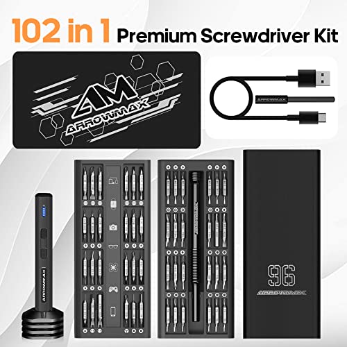 102 in 1 Electric Screwdriver, AM ARROWMAX Cordless Precision Screwdriver Set with 96 Magnetic Bits, Rechargeable Portable Electronic Screwdriver Set for Phone Laptop Camera Watch (MINI PLUS Black)