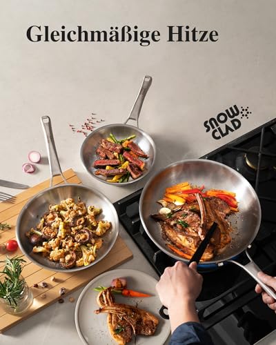 SNOWCLAD 2026 New Model Stainless Steel Pan Set 3-Piece 20 + 24 + 28 cm, Stainless Steel Pan Uncoated, Pan Induction, Universal Pan, Suitable for All Hob Types, Oven and Dishwasher Safe, PFOA-Free