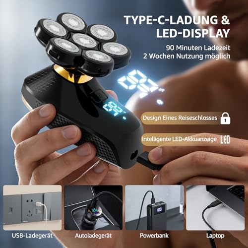 Bald Razor Men's Electric 7D Head Shaver Bald with 5-in-1 Care Set, LED Display, Rechargeable, Flexible 360 Degree Shaving Head, IPX6 Waterproof, 9200 rpm
