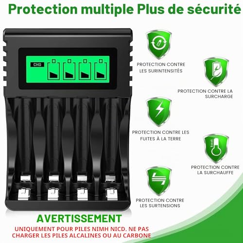 POWEROWL 4 Slots Chargeur Piles Rechargeable Charge Rapide pour AA AAA Rechargeable avec Port USB