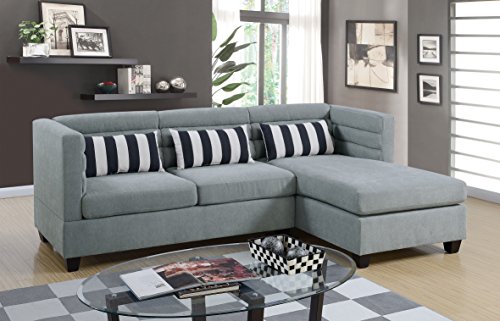 Bobkona Modern Sectional Sofa 2pcs Set Reversible Chaise Sofa Taupe Velveteen Fabric Black & White Stripes Pillows Comfort Couch