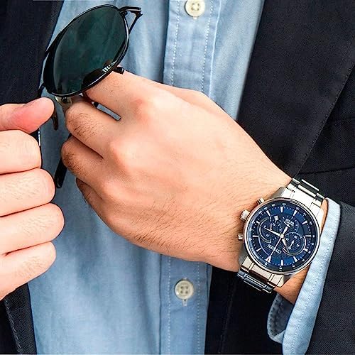 Herren Armbanduhr aus Edelstahl in der Farbe Silber-Blau 42mm, Wasserdichtigkeit: 10Bar, AN8190-51L