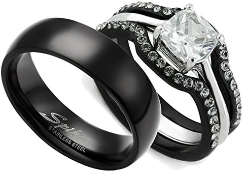 HIS & HERS 4PC BLACK STAINLESS STEEL WEDDING ENGAGEMENT RING & CLASSIC Band SET Women's Size 09 Men's 06mm Size 12
