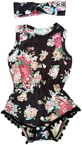 Girls Romper &amp; Headband Outfit - Boutique Kids Toddler &amp; Newborn Baby Girl Clothes (0-3 Months, Black Floral)
