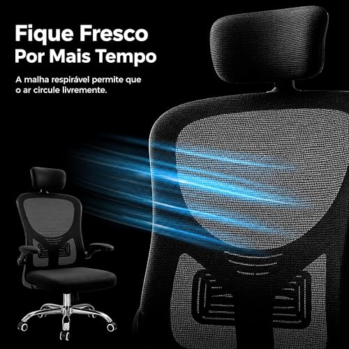 Laruno Cadeira de Escritório Ergonômica Premium NR17 Preta Giratória Reclinável 145 Graus com Suporte Lombar Encosto Mesh Respirável Cadeira Gamer Regulagem de Altura e Braços Suporta até 120kg
