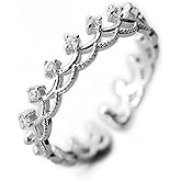 NewZenro Princess Crown Tiara Royal Queen CZ Band Rings Cubic Zirconia 925 Sterling Silver Engagement Open Tail Rings Dainty Adjustable Finger Promise Statement Ring Jewelry Gifts for Birthday Women