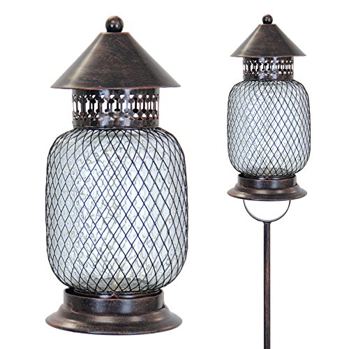 Exhart Solar LED Firefly Lights Lantern Yard Stake - Bronze Lantern w/ 12 LED String Lights, Metal Lantern Ground Stake, Solar Lantern Light Stakes - Outdoor Lights, Yard Decor, 6" L x 6" W x 48" H