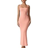 QINSEN Women's Square Neck with Lace Detail Long Maxi Dress Sleeveless Lounge Ribbed Full Length Dresses
