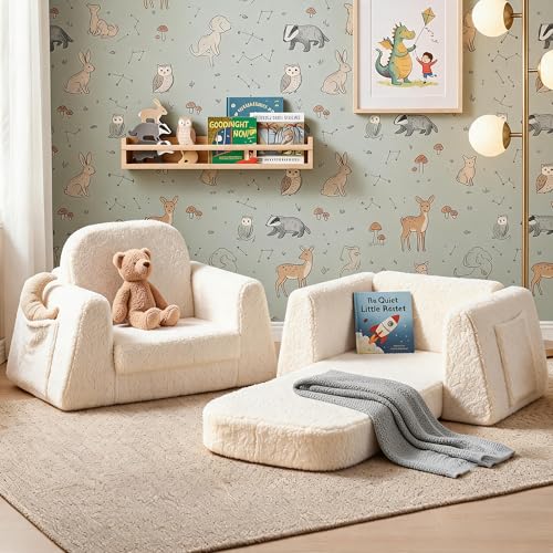 BanaSuper 2-in-1 Convertible Children's Sofa Bed, Folding Armchair for Babies, Armchair for Children, Widened Base, Removable Washable Cover, Gift for Boys Girls in Yellowish Beige