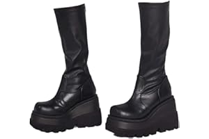 HINDOLA Women's Platform Mid Calf Boots Chunky High Heel Wedge Boots Goth Zip & Lace Up Combat Round Toe Motorcycle Boots