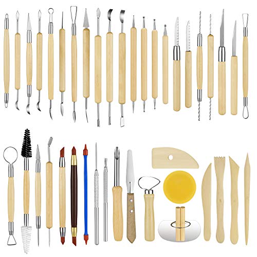 Pottery and Clay Sculpting Tools Double Sided Tool Set Sturdy Toolkit 42 Pcs for Polymer Clay Tools for Carving and Chipping Sculpting Tool Set for Beginner Carrying Case Artist Apron Cloth