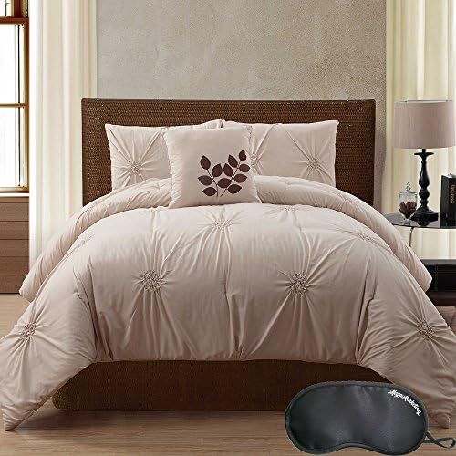 Elegant Soft Puckered Pleated Solid Ivory Reversible 8 Piece Bed in a Bag Taupe Comforter Set, QUEEN with Sleep Mask