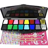 Bowitzki Face Paint Kit for Kids 14 Color Face Painting Set 168 Rhinestones 40 Stencils 2 Glitter 3 Brushes Non Toxic Water Based FDA Compliant Professional Halloween Makeup Body Paint Adults