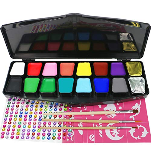 Bowitzki Face Paint Kit for Kids 14 Color Face Painting Set 168 Rhinestones 40 Stencils 2 Glitter 3 Brushes Non Toxic Water Based FDA Compliant Professional Halloween Makeup Body Paint Adults