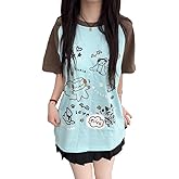 Women's Kawaii Cat Print T-Shirts Cartoon Letter Japan Style Kitten Short Sleeve Cute Print Tops Sweet Girl Y2k Tee Tops