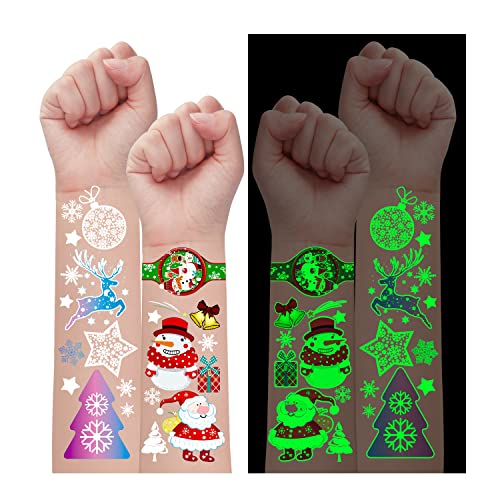 Partywind Luminous Temporary Tattoos, 150 Styles Glow Fake Tattoo Stickers with Snowflake Santa for Kids Stocking Stuffers, Christmas Party Supplies Favors (10 Sheets)
