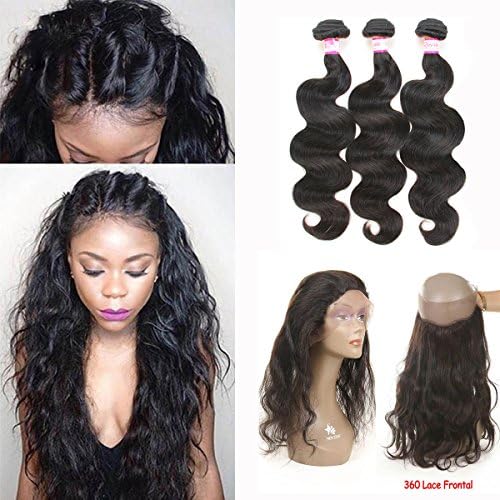 Brazilian Virgin Hair Body Wave 360 Closure with Bundles Natural Hairline 360 Lace Frontal Closure with Grade 8a Human Hair Bundles (18 20 22+16 inch 360 Frontal)