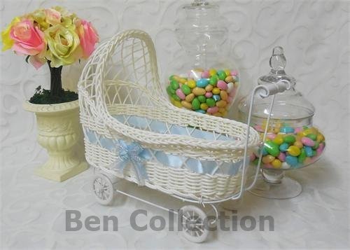Ben Collection Wicker Baby Girl 11 Inch Carriage - Baby Shower Centerpiece Stroller Party Favors (Blue) - Thumbnail 2