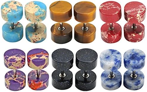 Zysta Mixed Natural Stone 16 Gauge Stud Earring 8mm Piercing Fake Ear Plugs Tunnel Stretching 6 Pairs Set