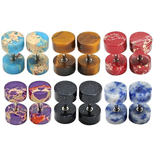 Zysta Mixed Natural Stone 16 Gauge Stud Earring 8mm Piercing Fake Ear Plugs Tunnel Stretching 6 Pairs Set