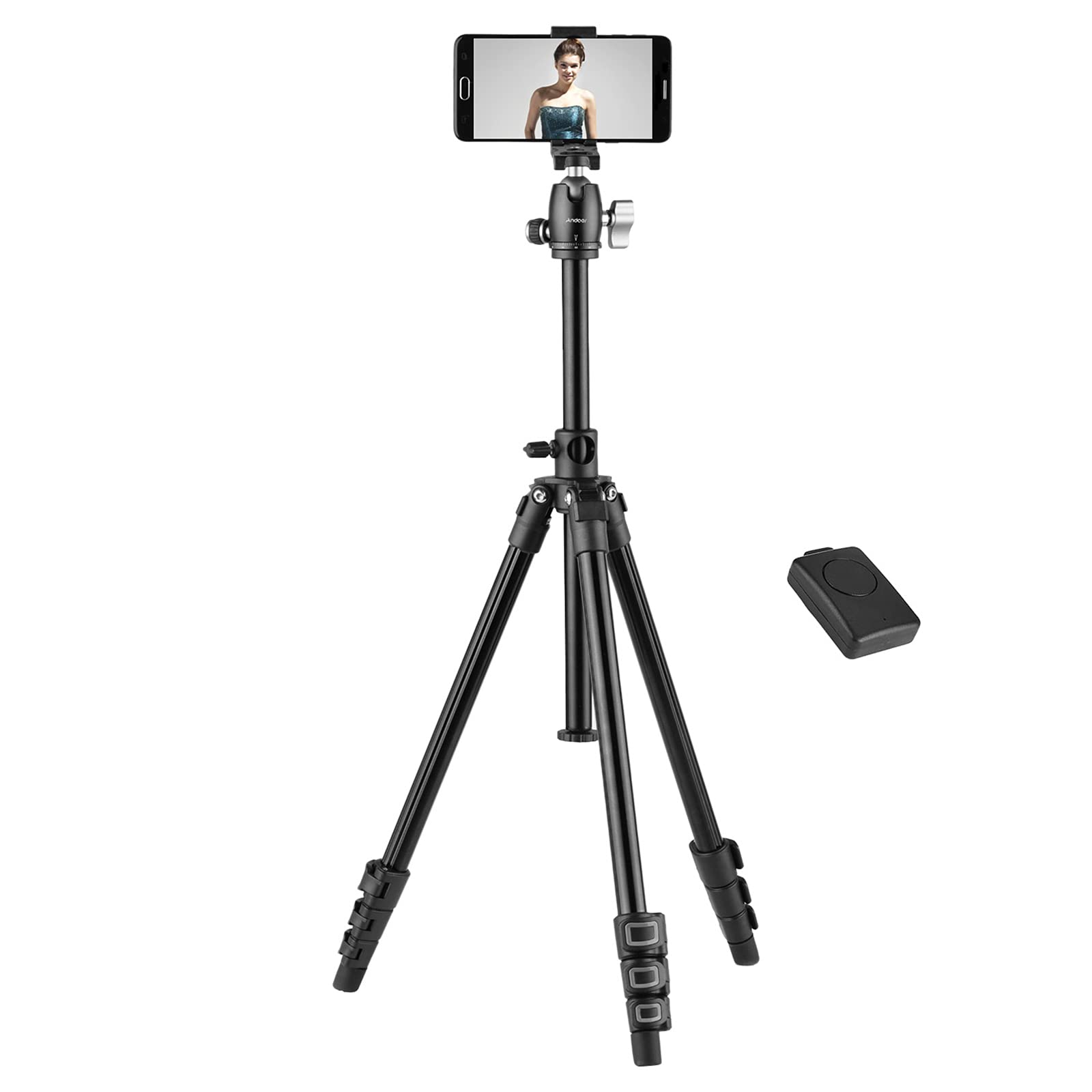 Andoer 61in Wireless Portable Camera Tripod, Lightweight Aluminum Tripod with 360 ° Panoramic Ball Head, 1/4in Quick Release Plate and Phone Clip, Suitable for Smartphone, DSLR Canon Nikon Sony