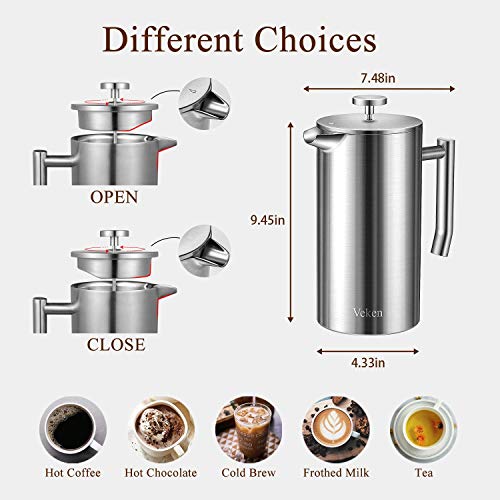 Veken French Press DoubleWall 18/10 Stainless Steel Coffee & Tea Maker