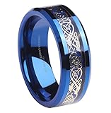 Queenwish 8mm Blue Tungsten Wedding Bands Gold Celtic Dragon Blue Carbon Fibre Inlay Promise Rings Mens Jewelry Size 6-13