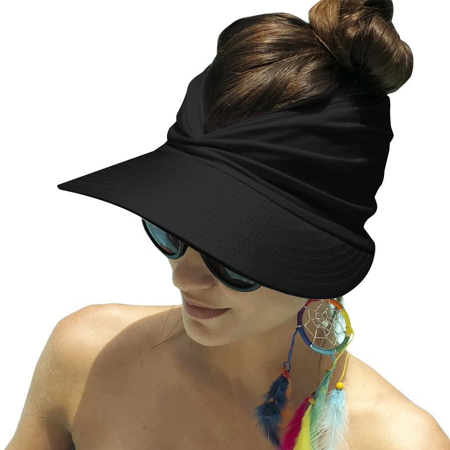 Sombrero Con Visera De Ala Ancha Para Mujer, Sombreros Para El Sol De Verano Upf 50+, Protección Uv, Sombreros De Playa, Visera De Golf Plegable Para Mujer, Gorra De Playa Con Cola De Caballo (Negro)
