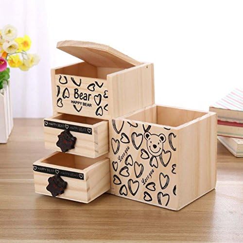 Cartoon Bear Wood Pen Pencil Holder Storage Box Organizer Drawer For Holding Small Items, Such As Pens, Pencils, Rulers, Scissors, Adhesive Tapes, Etc
