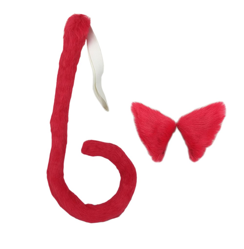 Happylifehere Long Fur Cat Ears and Cat Tail Set Halloween Party Kitty Cosplay Costume Kits (Red)
