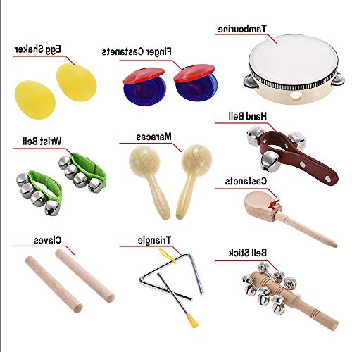 10pcs Musical Instruments Percussion Toy Rhythm Band Set Including Tambourine Maracas Triangle Castanets Wrist Bell for Kids Children Baby