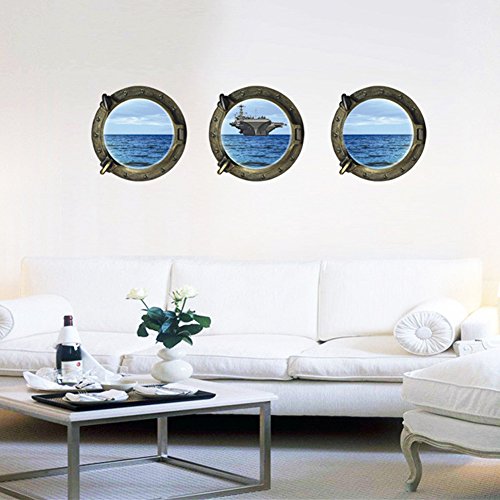 Fangeplus(TM) DIY Removable Porthole Port Scape Aircraft carriers 3D View Art Mural Vinyl Waterproof Wall Stickers Bed Room Decor Livingroom Decal Home Sticker Wallpaper 3PCS 13''x13''