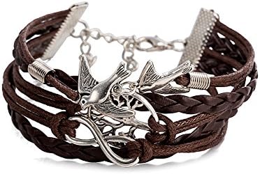 Vintage Infinity Charm Adjustable Leather Swallow Tree of Life Pendant Bracelet