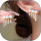 Pearl Crystal Tassel Earrings for Women Trendy Round Pearl Stud Earring Glitter Rhinestone Dangle Drop Earrings Bridesmaid Wedding Earrings