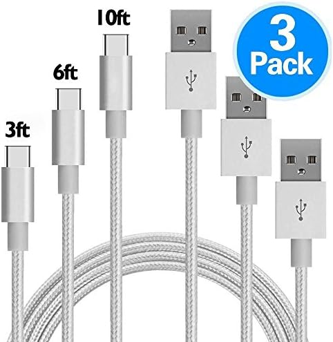 USB Type C Cable, GANJOY USB C to USB A Charger 3Pack 3FT/6FT/10FT Nylon Braided Fast Charging Cord for Samsung Galaxy Note 8 S8,Google Pixel, LG V30 V20 G6 5, Nintendo Switch, OnePlus 5 3T 2 (Silver)