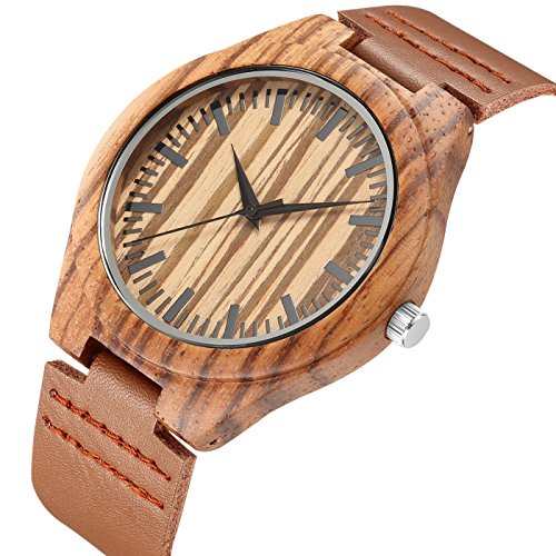 Men's Bamboo Wooden Quartz Watch with Brown Leather Strap Japanese Movement