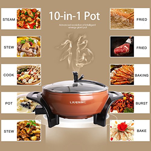 Liven 4L Electric Skillet Electric Pan Electric Hot Pot Cast Aluminum Alloy Pot Body with Non-stick Surface Dia 26cm Depth 8.5cm 1500W 120V DHG-263A - Thumbnail 2