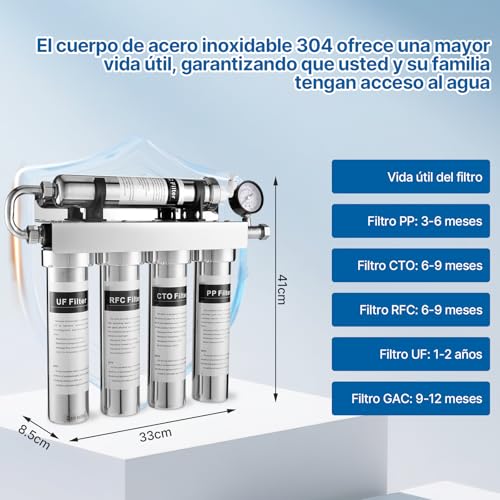 Purificador de Filtro agua 5 Etapas Acero Inoxidable 304, Filtro de Agua para Casa, Osmosis Inversa, Ultrafiltración de 0.01 μm, Elimina el 99% de los Contaminantes, con Manómetro
