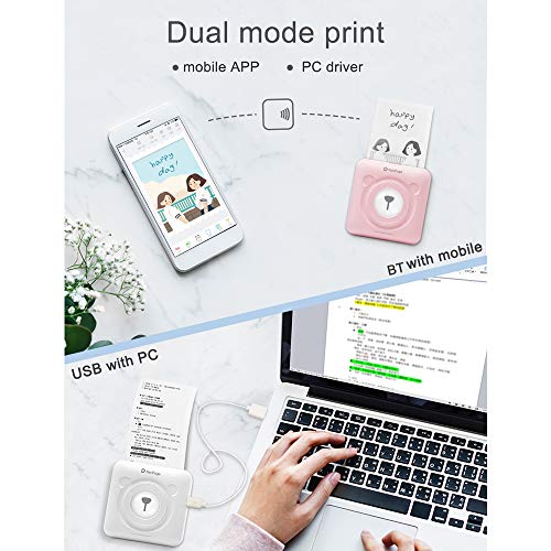 Aibecy GOOJPRT PeriPage Mini Pocket Wireless BT Thermal Printer Picture Photo Label Memo Receipt Paper Printer with USB Cable Support for Android iOS Smartphone Windows