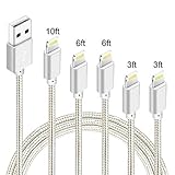 5Pack(3ft 3ft 6ft 6ft 10ft) iPhone Lightning Cable Apple MFi Certified Braided Nylon Fast Charger Cable Compatible iPhone Max XS XR 8 Plus 7 Plus 6s 5s 5c Air iPad Mini iPod (Silver)