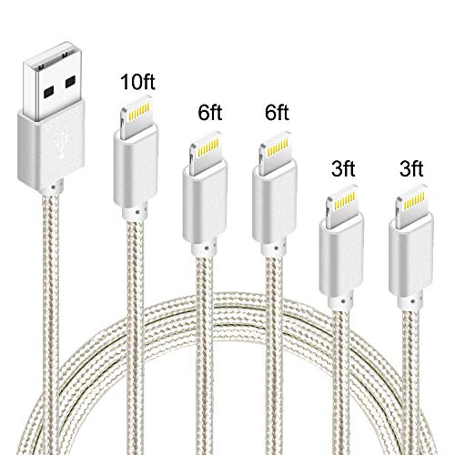 5Pack(3ft 3ft 6ft 6ft 10ft) iPhone Lightning Cable Apple MFi Certified Braided Nylon Fast Charger Cable Compatible iPhone Max XS XR 8 Plus 7 Plus 6s 5s 5c Air iPad Mini iPod (Silver)