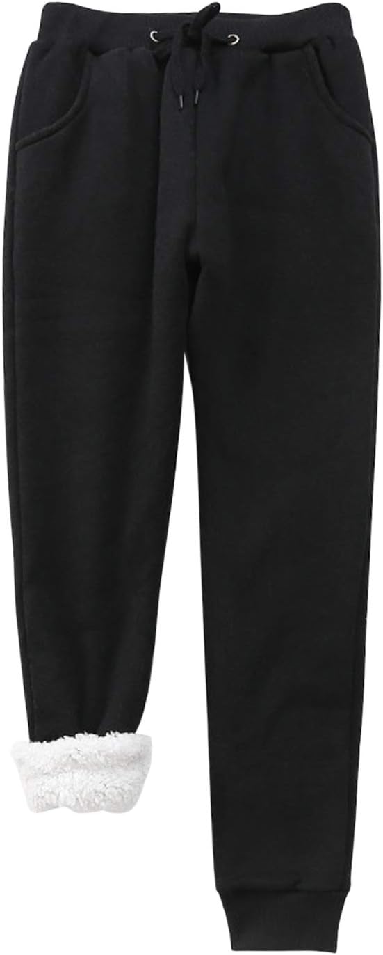 Womens Fleece Lined Jogger Pants Solid Soft Warm Athletic Drawstring Sweatpants with Pockets