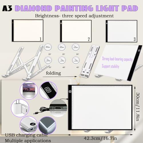 Lenxnmy 247Pcs DIY Diamond Painting Tools Kit with Light Table for Tracing A3, Diamond Art Sealer, Diamond Correction, DIY Craft