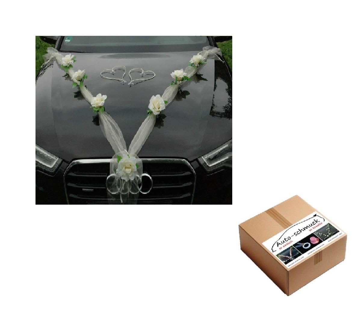 ORGANZA M + HERZEN Braut Paar Rose Deko Dekoration Autoschmuck Hochzeit Car Auto Wedding Deko Ratan Girlande ®Auto-schmuck PKW (Ecru/Ecru/Weiß)