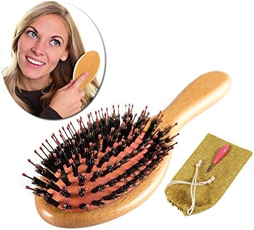Wild Boar Bristle Brush for Women and Men, Round Massage Paddle Hairbrush with Hair Cleaner, by CUUCOR