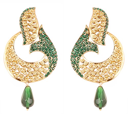 Touchstone Indian Bollywood curved fish green crystals jewelry earrings in antique gold tone for women โ image 1
